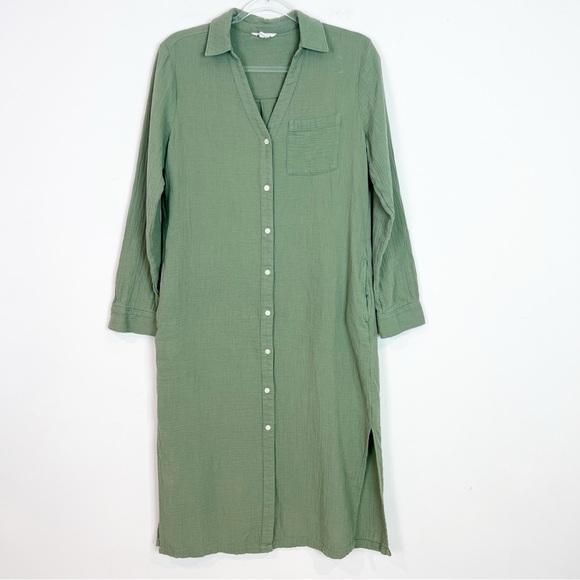 CASLON GREEN COTTON GAUZE BUTTON FRONT MIDI SHIRT DRESS POCKETS WOMENS XS - Picture 2 of 9